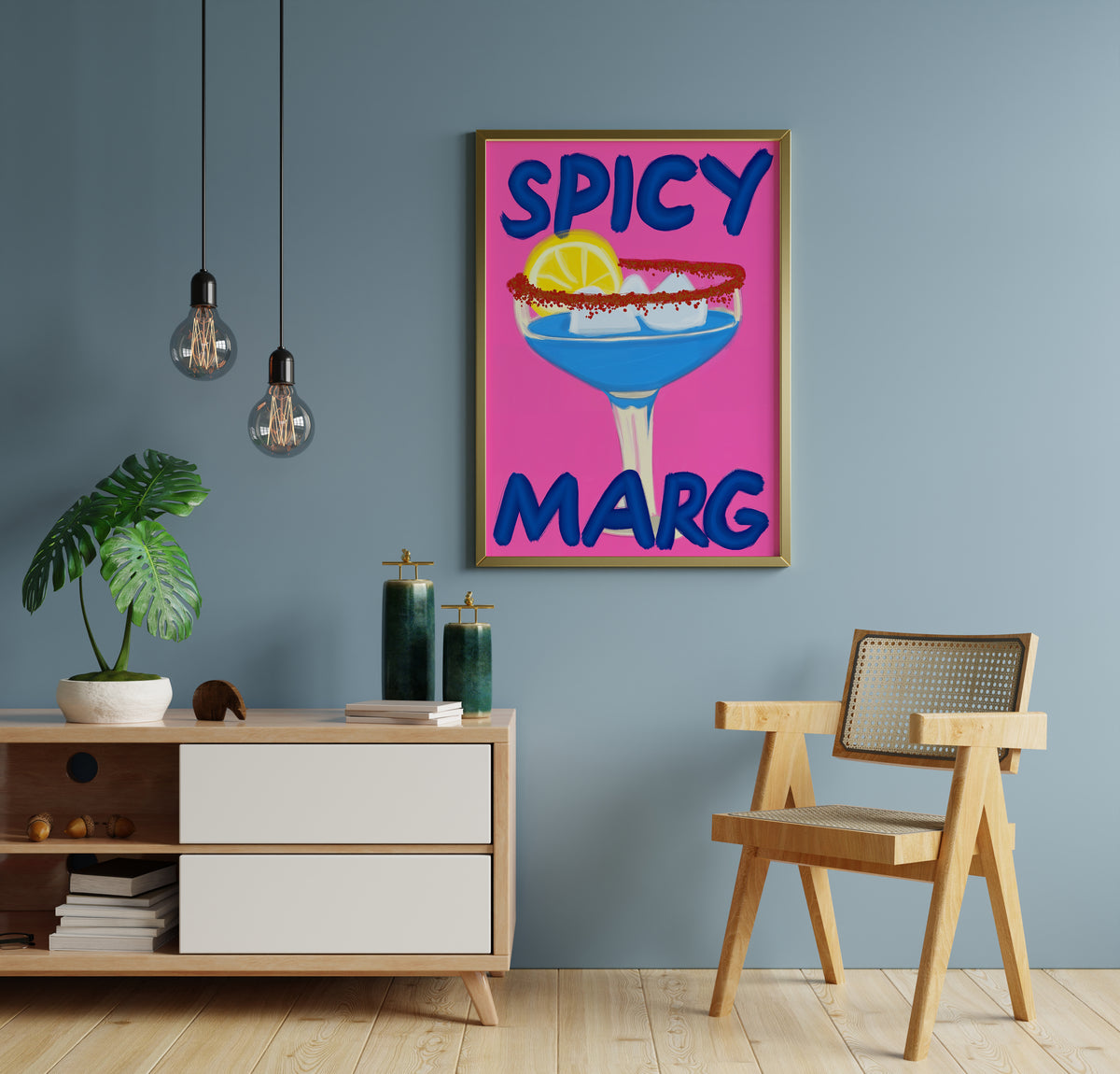 Colorful margarita print with chili-coated rim and yellow lemon garnish in a styled interior