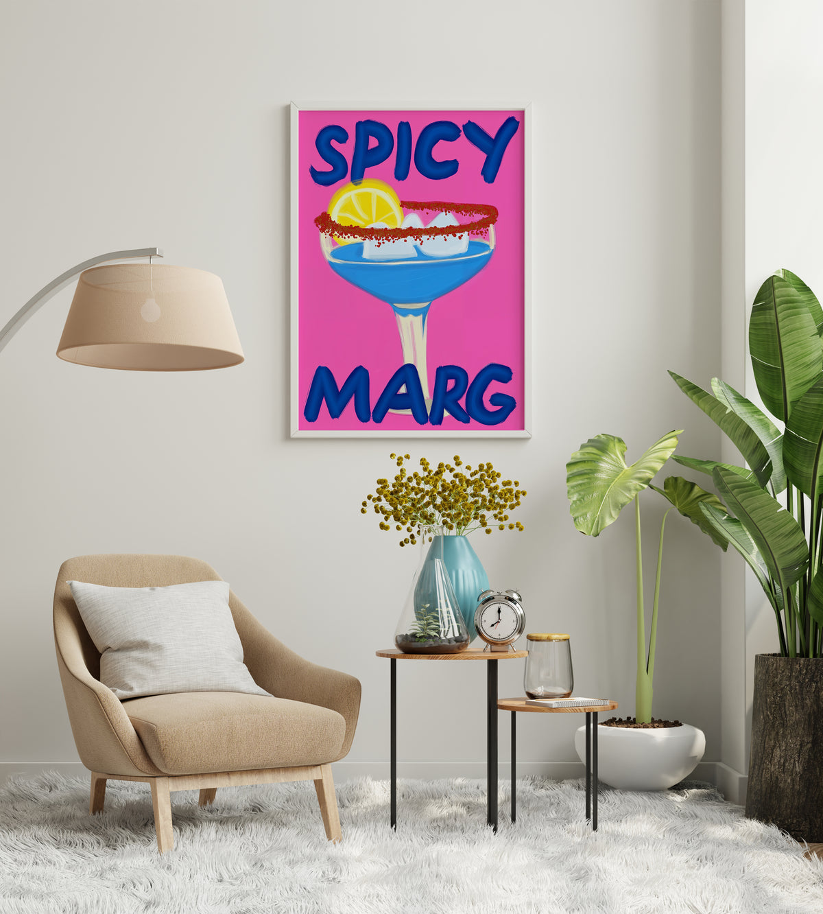 Margarita poster with lemon slice, ice cubes and vivid pink graphic background