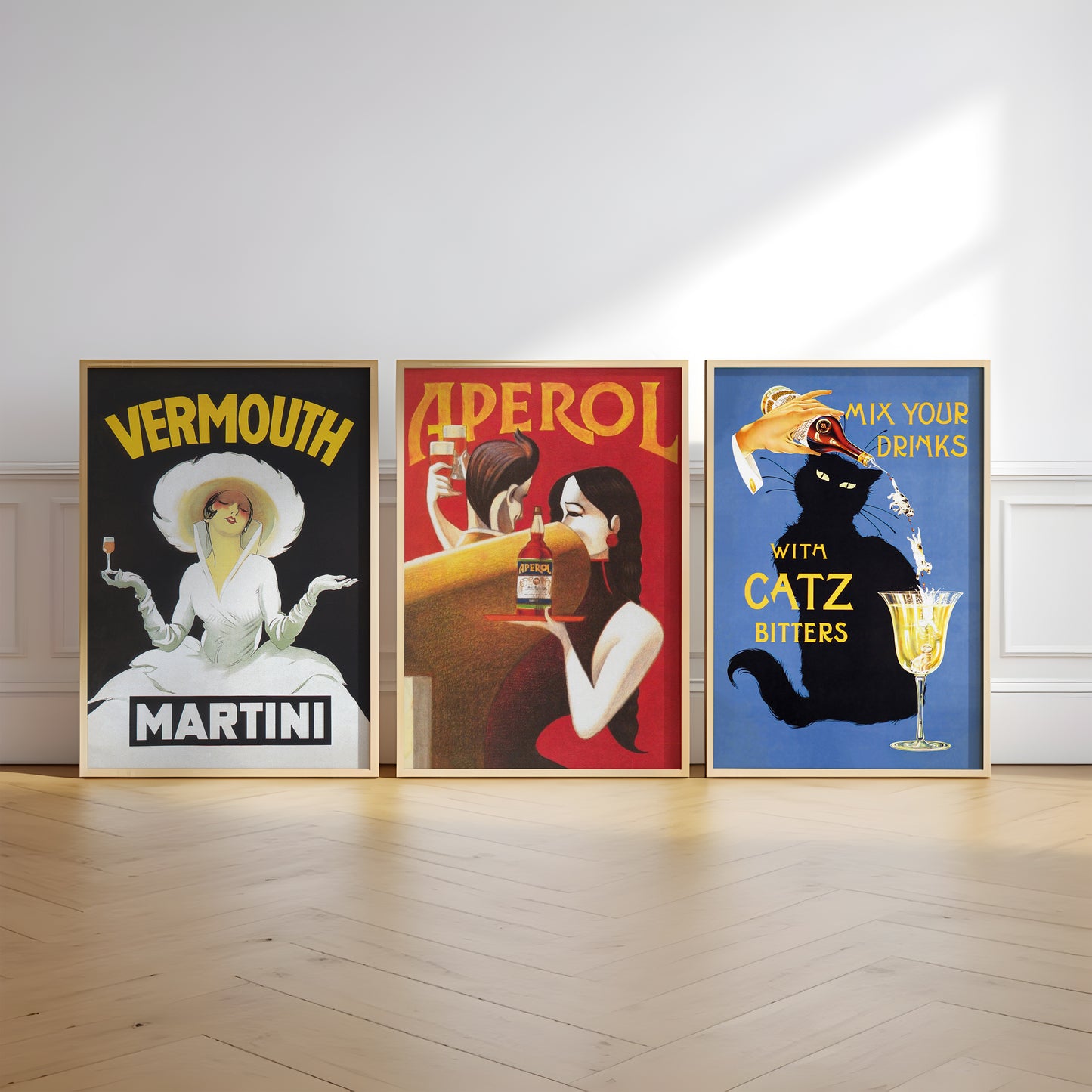 Martini and Aperol cocktail poster set with vermouth and Catz Bitters artwork for home bar wall art