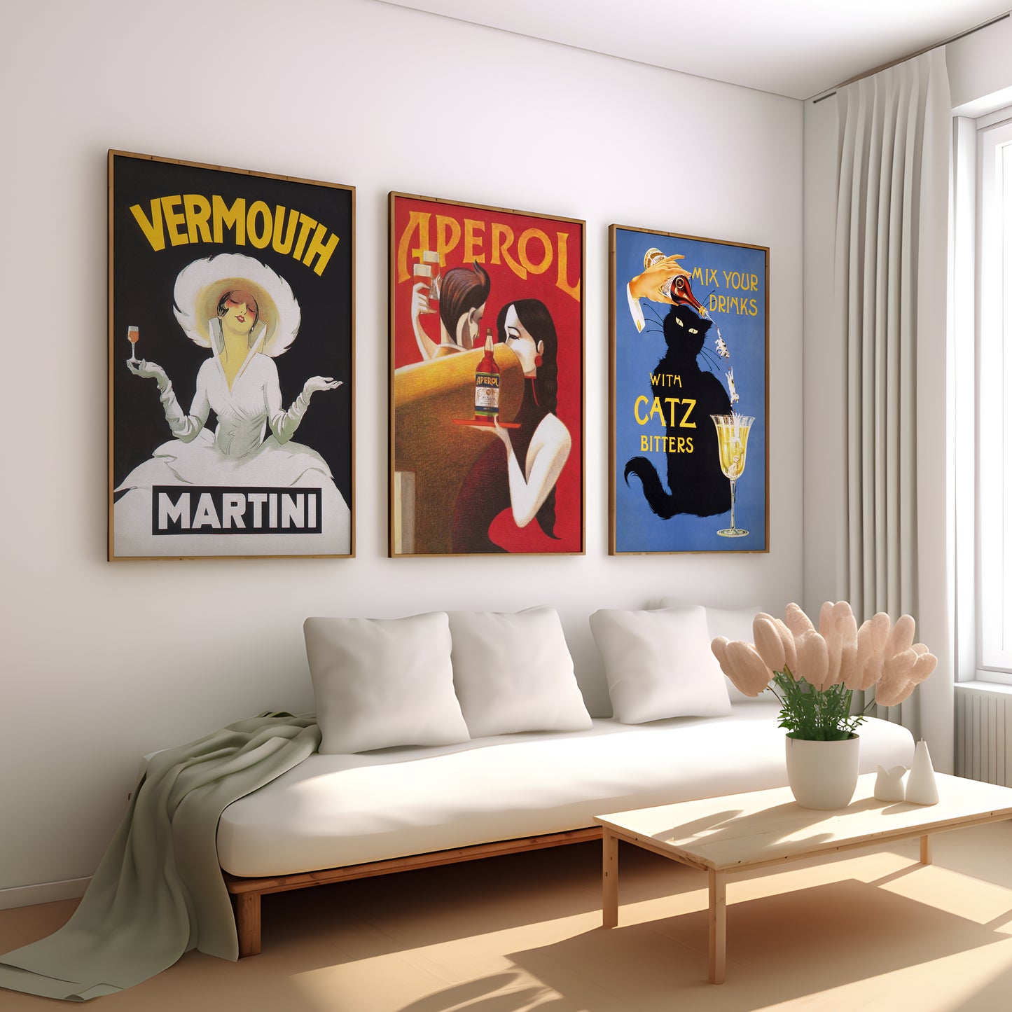 Martini Aperol home bar poster set with retro cocktail and Catz Bitters artwork for wall art