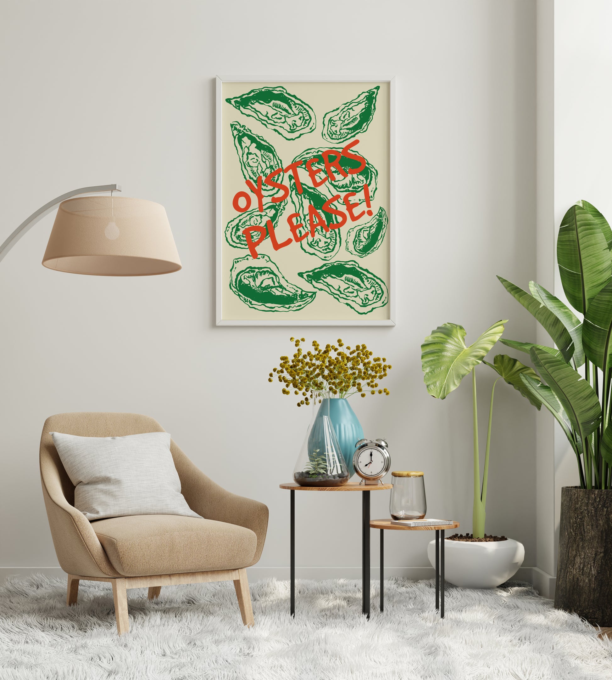 Framed seafood poster with green oyster shell illustrations and a red "Oysters Please!" headline in a minimalist interior setting.