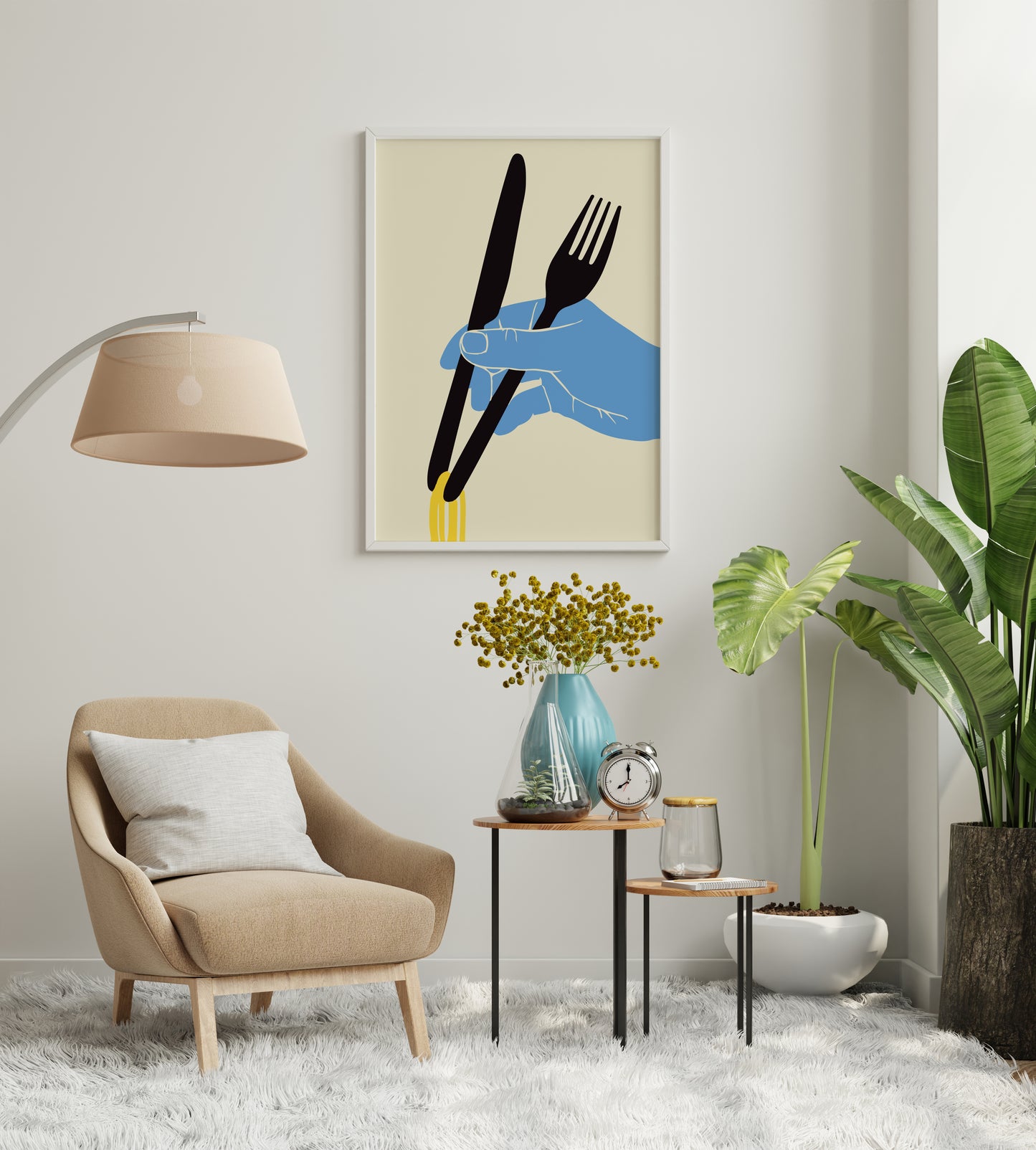 Minimalist Asian food print showing noodles and cutlery in a neutral contemporary interior.