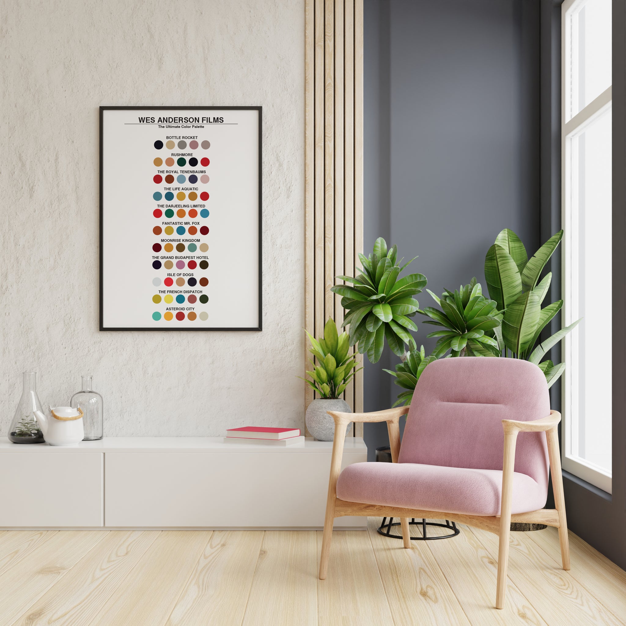 Minimalist film poster with Wes Anderson movie palettes and bold typographic heading