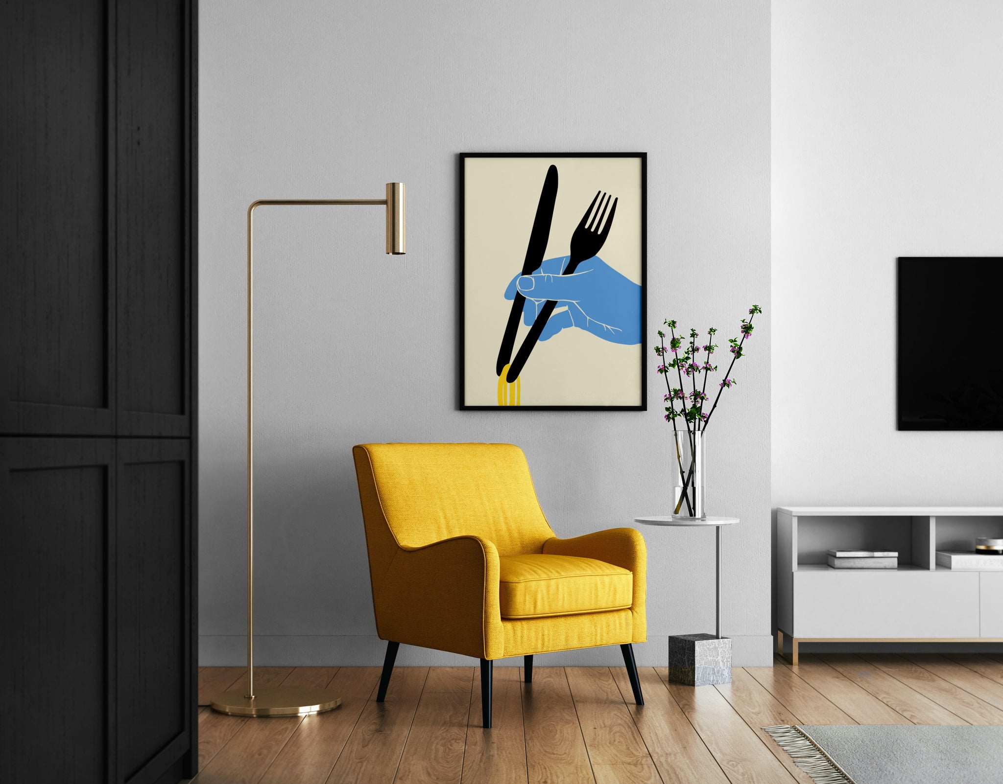 Minimalist noodle poster with bold cutlery illustration displayed in a modern reading corner.