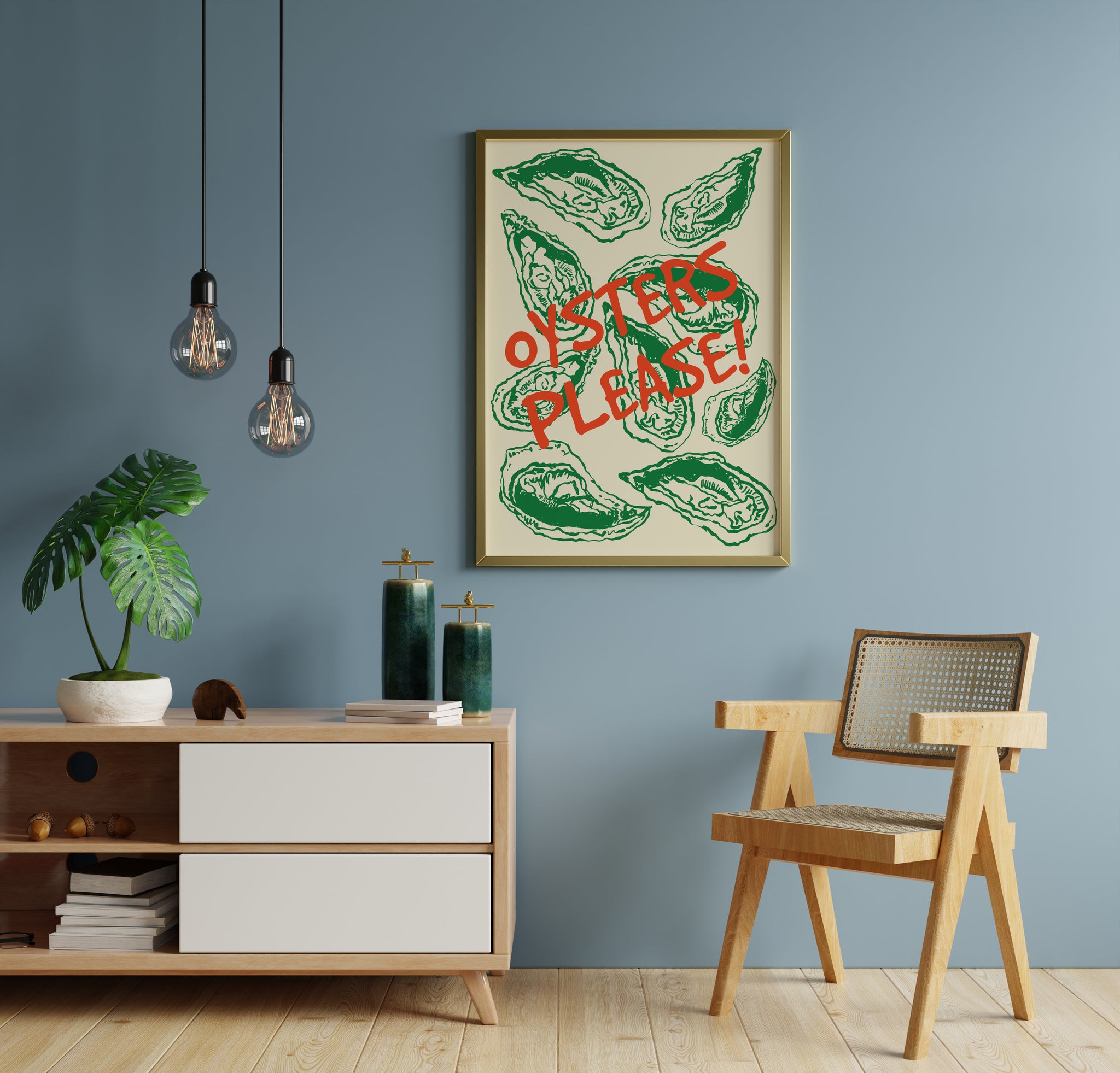 Retro-inspired oyster kitchen poster with hand-stamped green shell textures and a weathered red font over a clean cream-colored backdrop.