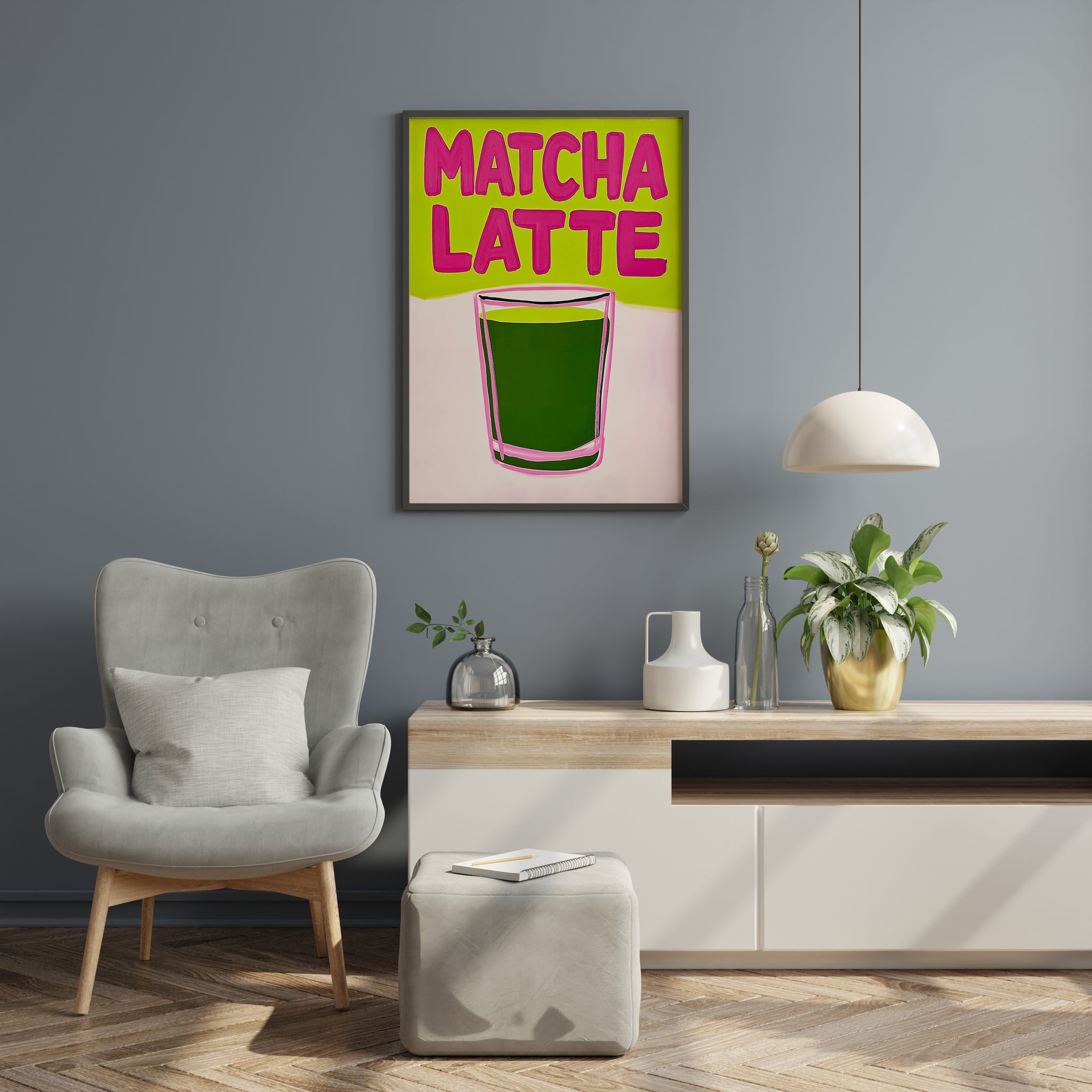 matcha latte poster in dining room, colorful typography kitchen wall art