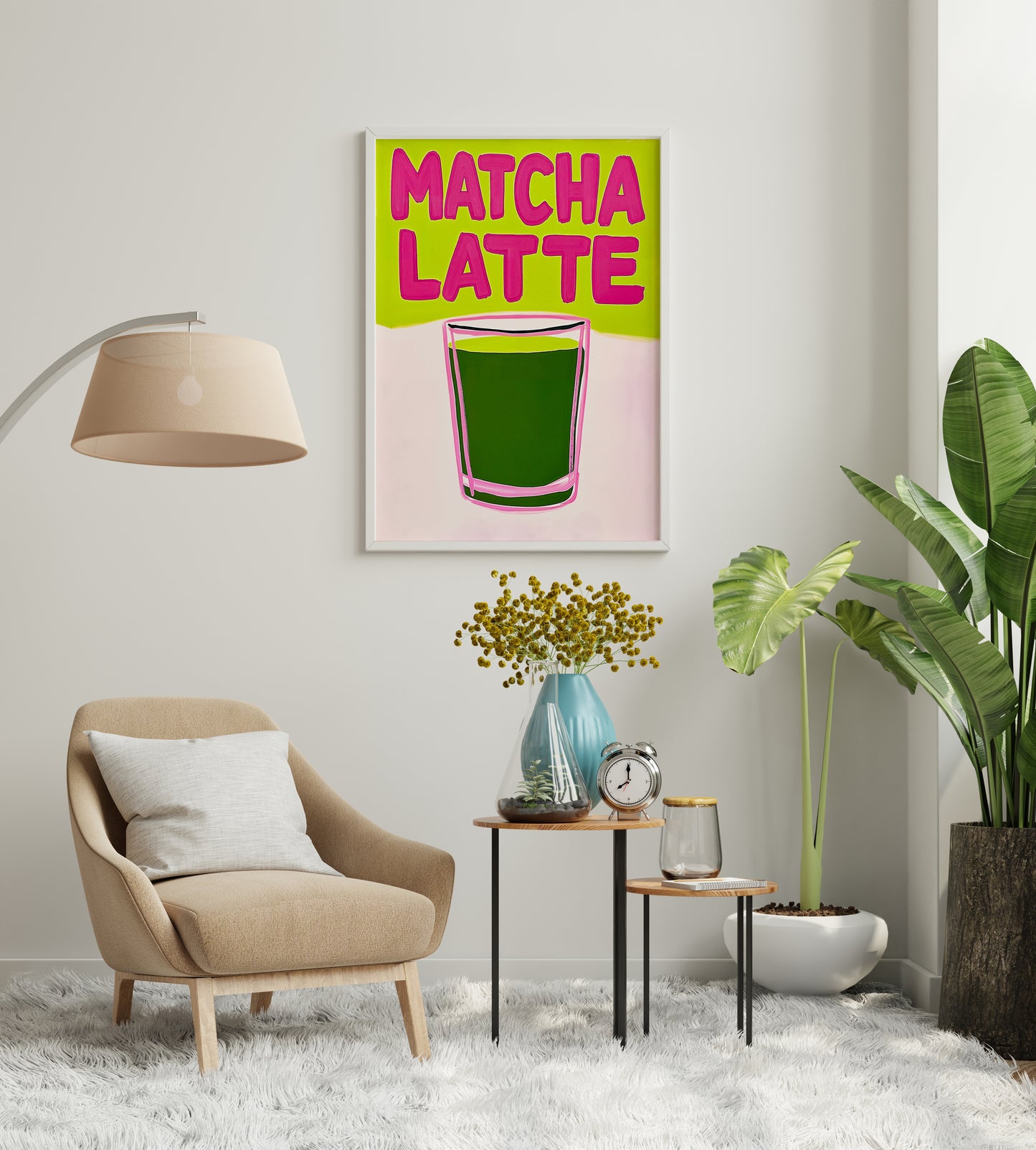 matcha latte poster above desk, colorful drink typography wall art