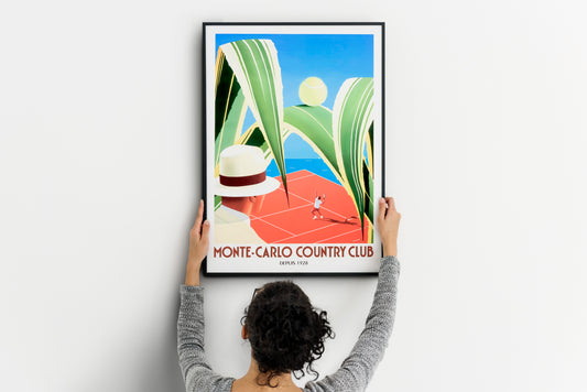 Monte-Carlo Country Club tennis poster with Depuis 1928 text being positioned on a gallery wall
