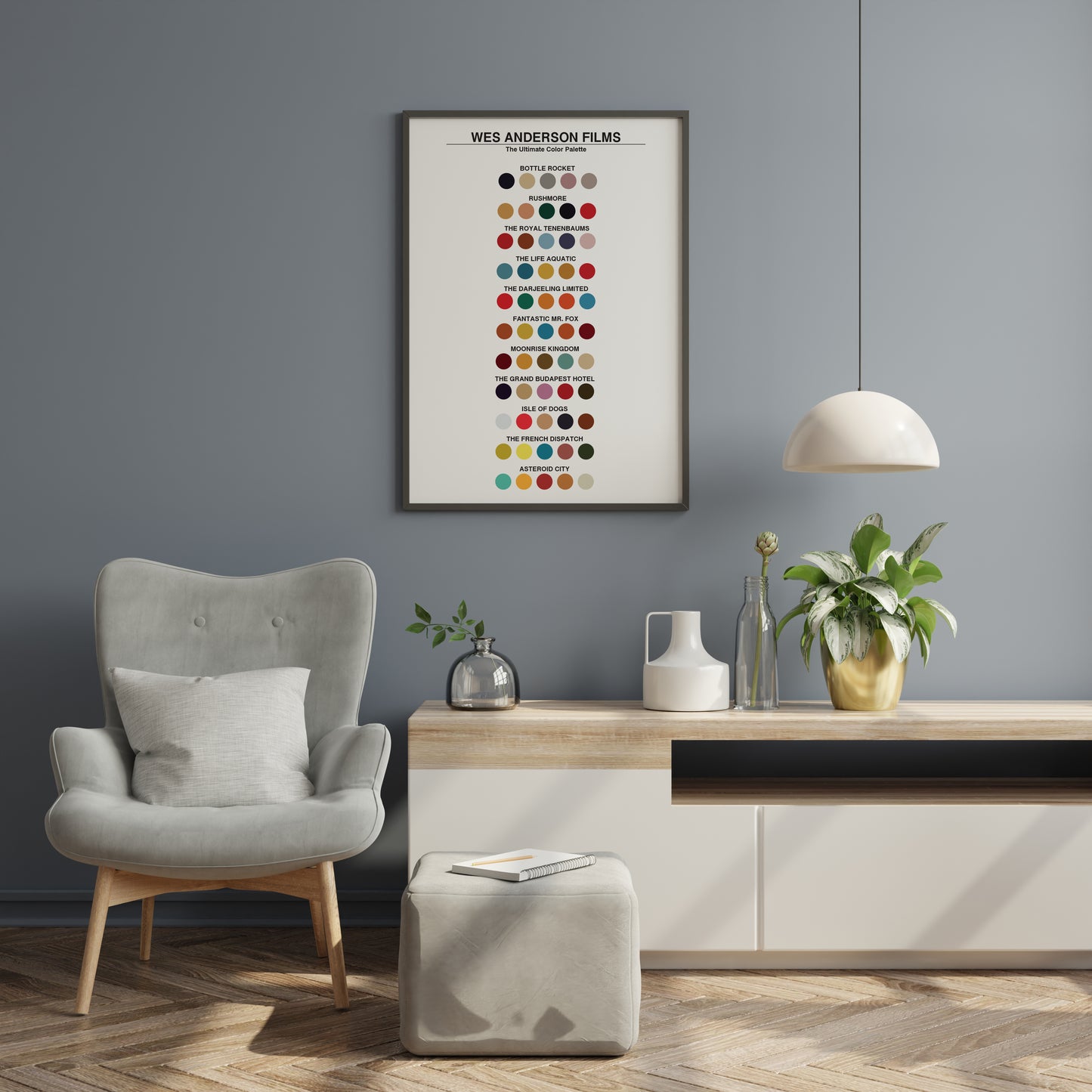 Movie color palette print featuring Wes Anderson films in a clean vertical composition