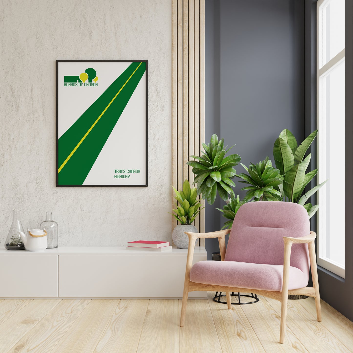 Music album cover style wall art poster featuring diagonal green graphic shapes, the text “Boards of Canada” and “Trans Canada Highway,” in a minimalist graphic design, displayed on a wall.
