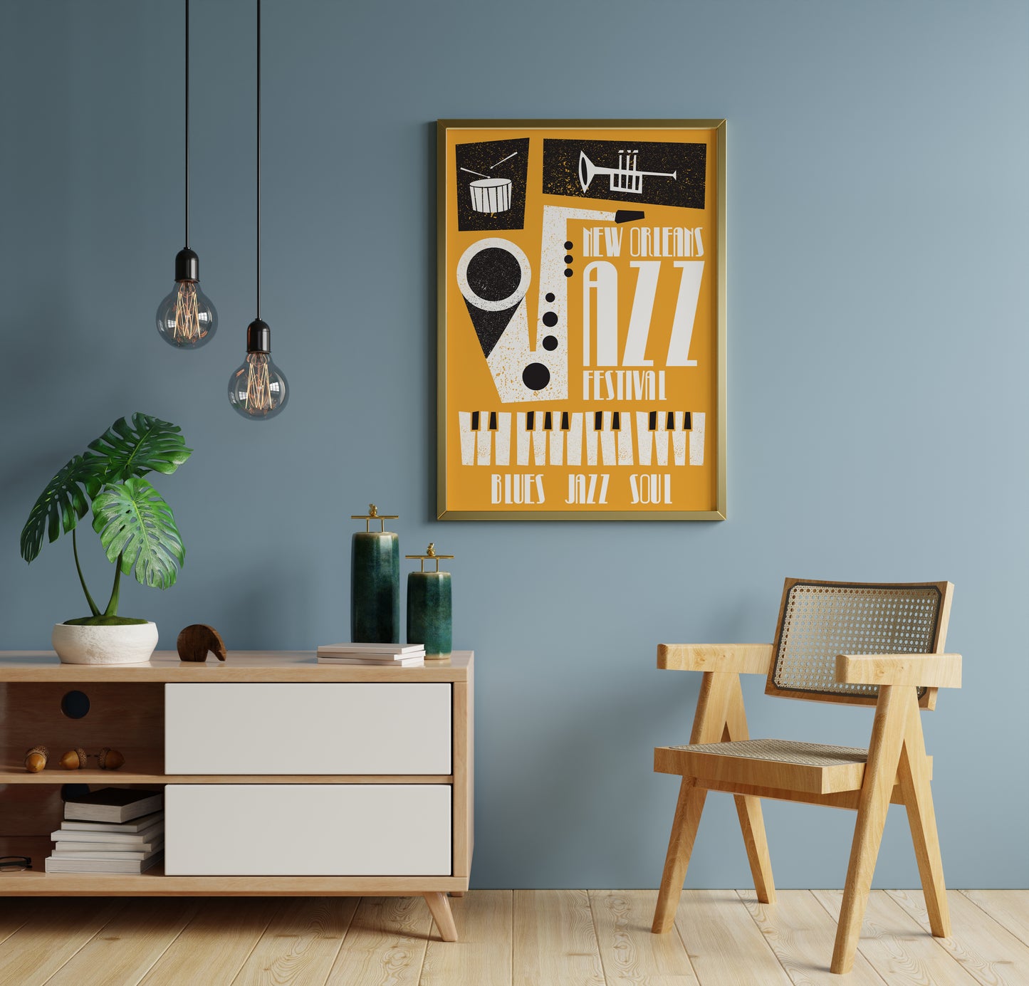 New Orleans jazz poster styled as a graphic music room wall art print