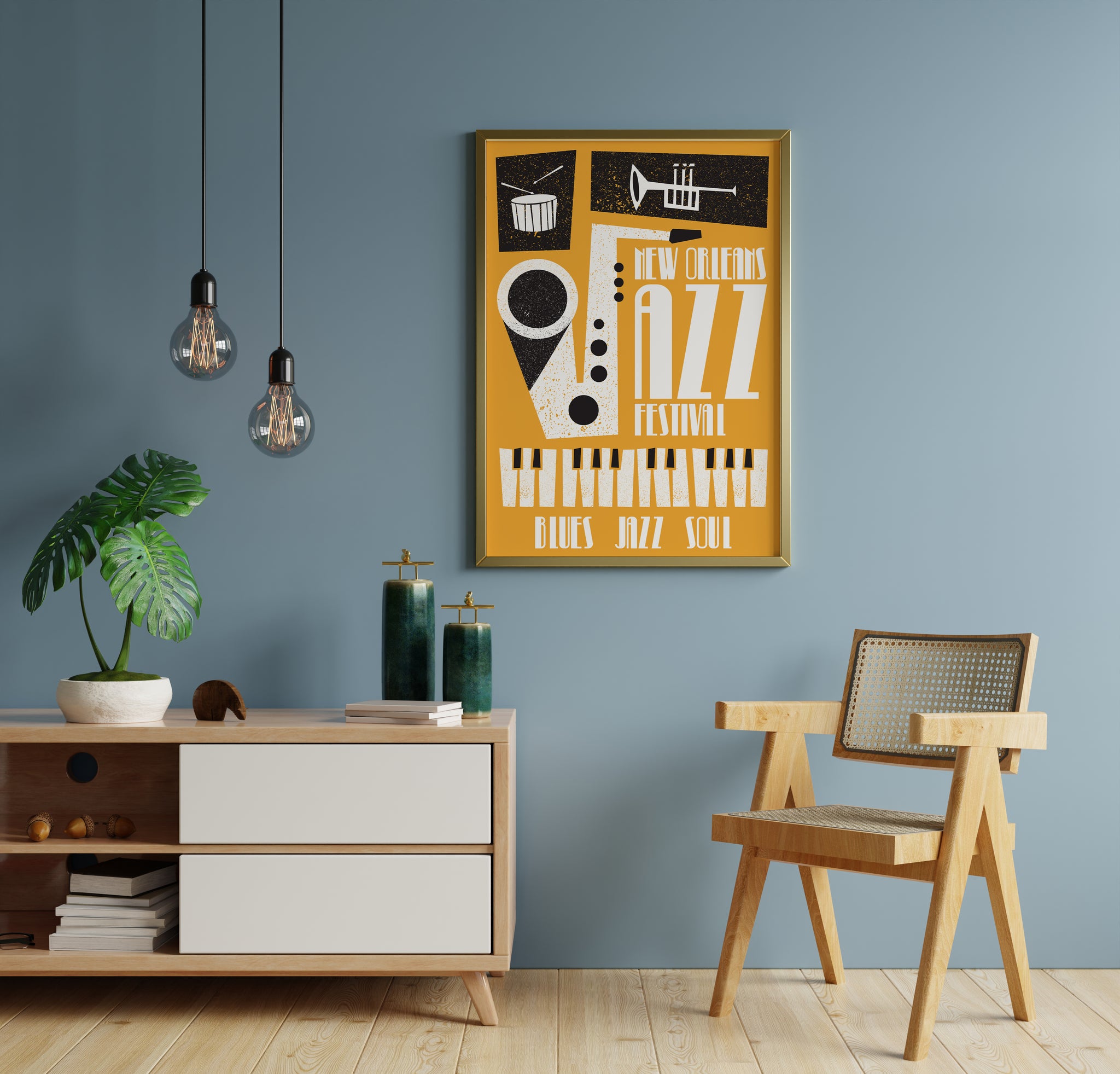 New Orleans jazz poster styled as a graphic music room wall art print