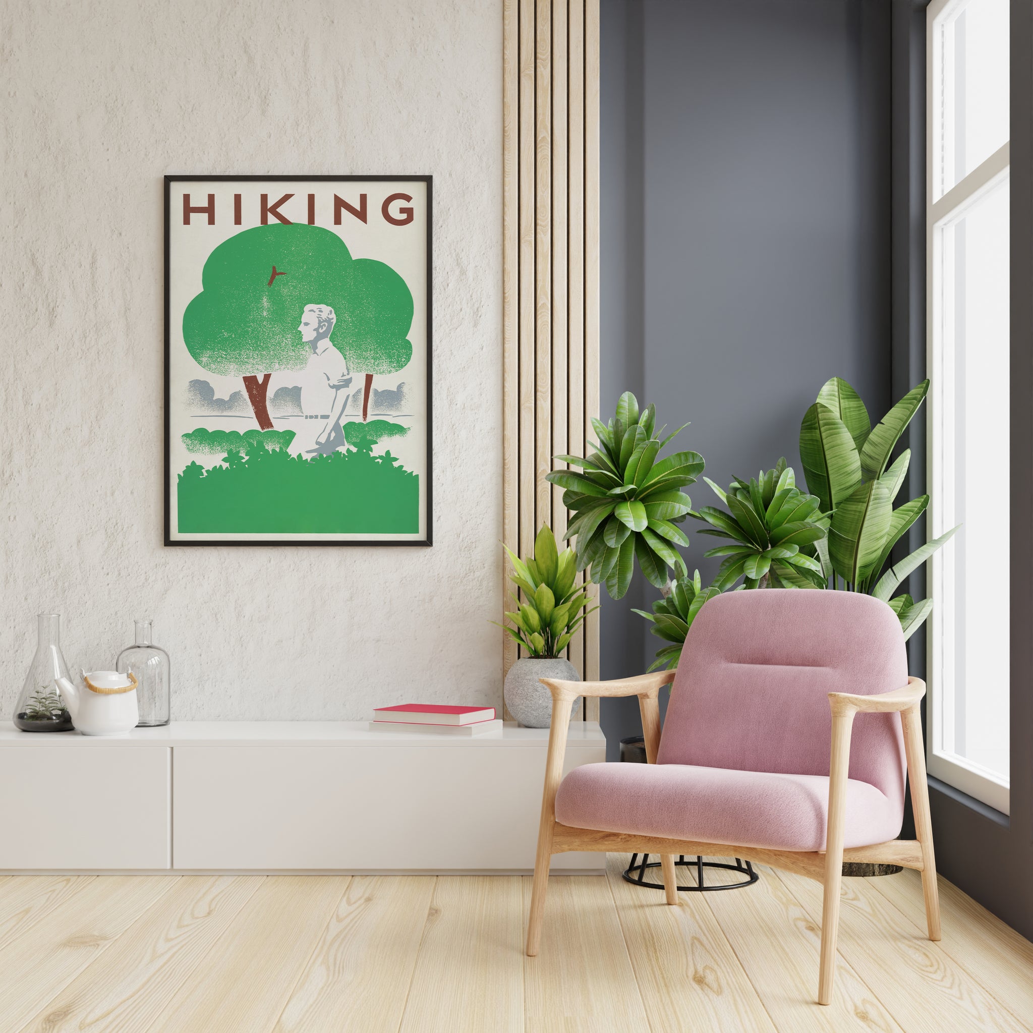 Nature lover print showing a hiker beneath green trees in a bright minimalist reading nook.
