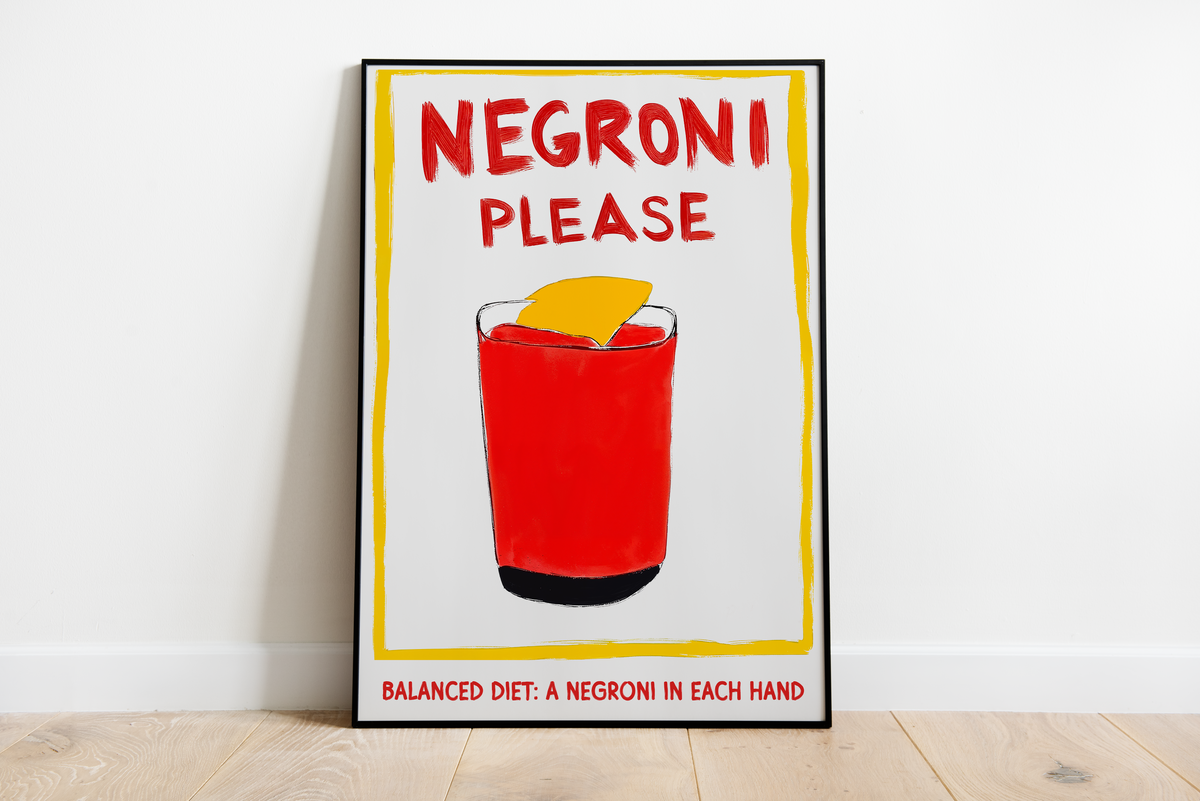 Negroni poster with red cocktail, orange peel garnish and humorous hand-painted quote text