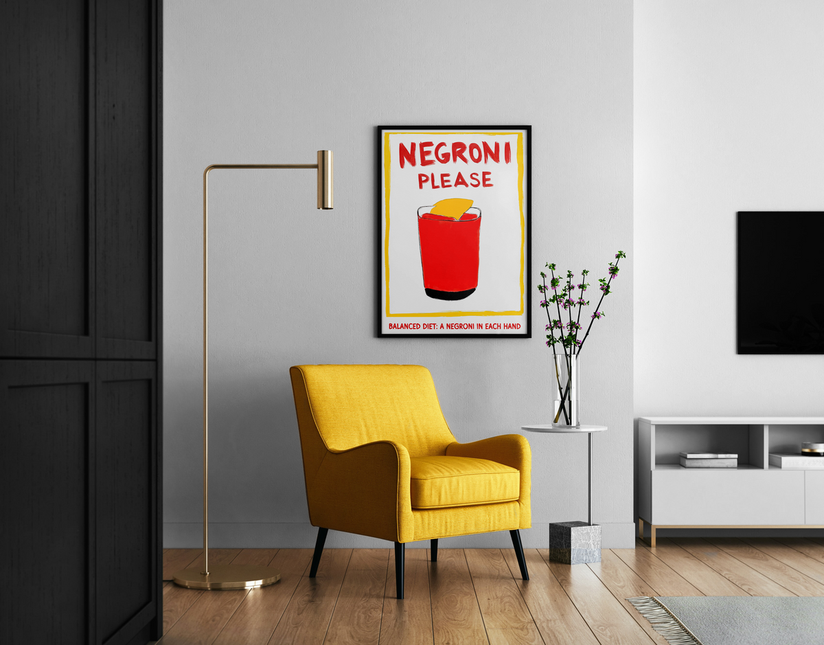 Negroni wall art with red cocktail and orange garnish shown in a modern lounge setting