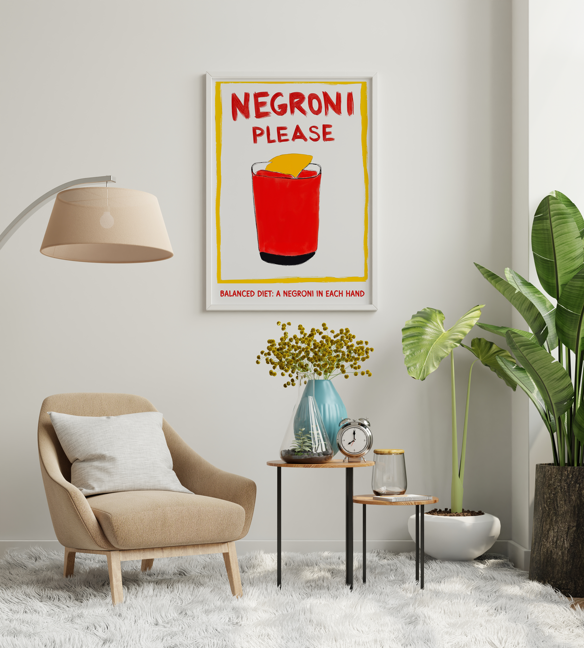Negroni cocktail wall art with red drink and quote typography in a styled interior