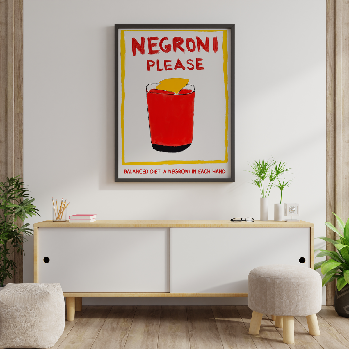 Negroni print with red drink illustration and NEGRONI PLEASE text displayed in a styled interior