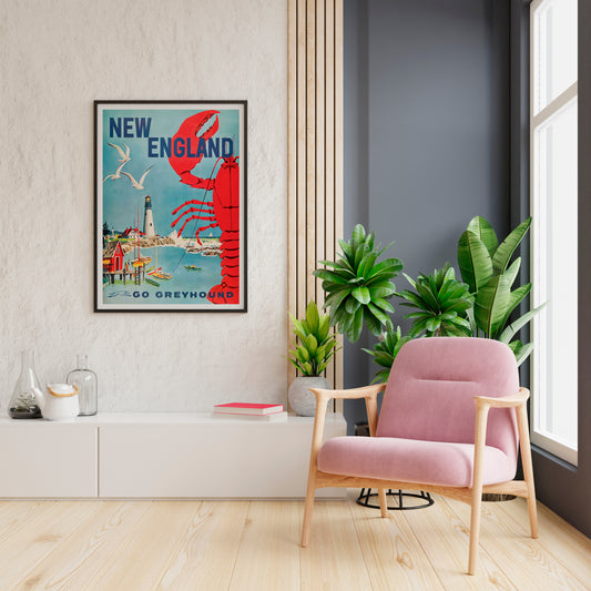 New England lobster wall art with a lighthouse and colorful boats, shown in a living room