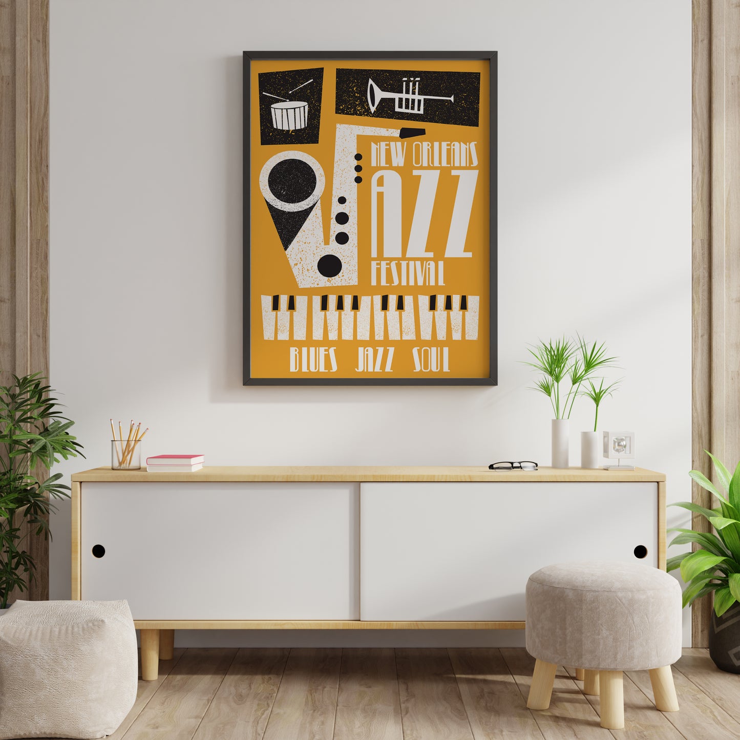 New Orleans jazz festival poster featuring trumpet, drum, piano keys, and saxophone