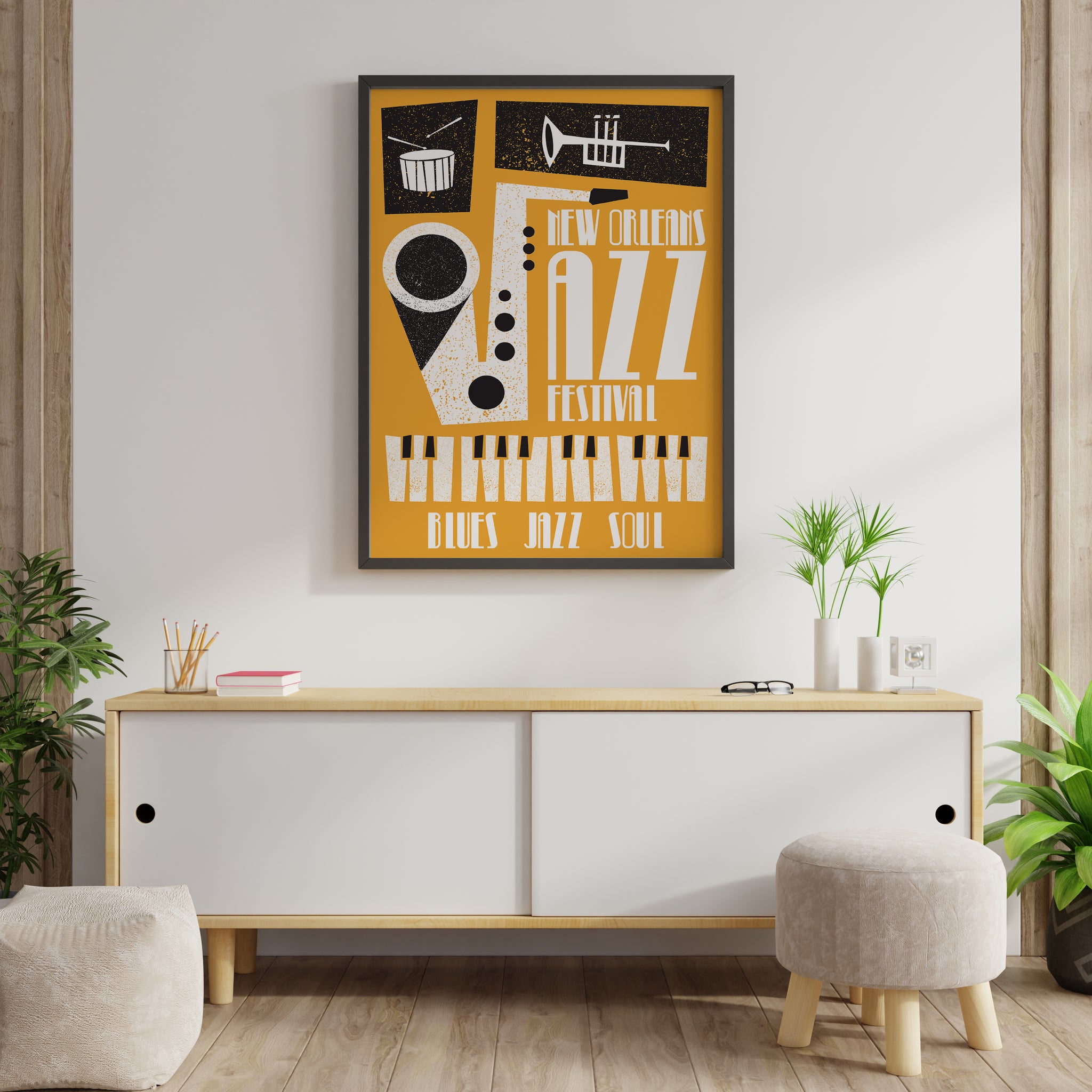New Orleans jazz festival poster featuring trumpet, drum, piano keys, and saxophone