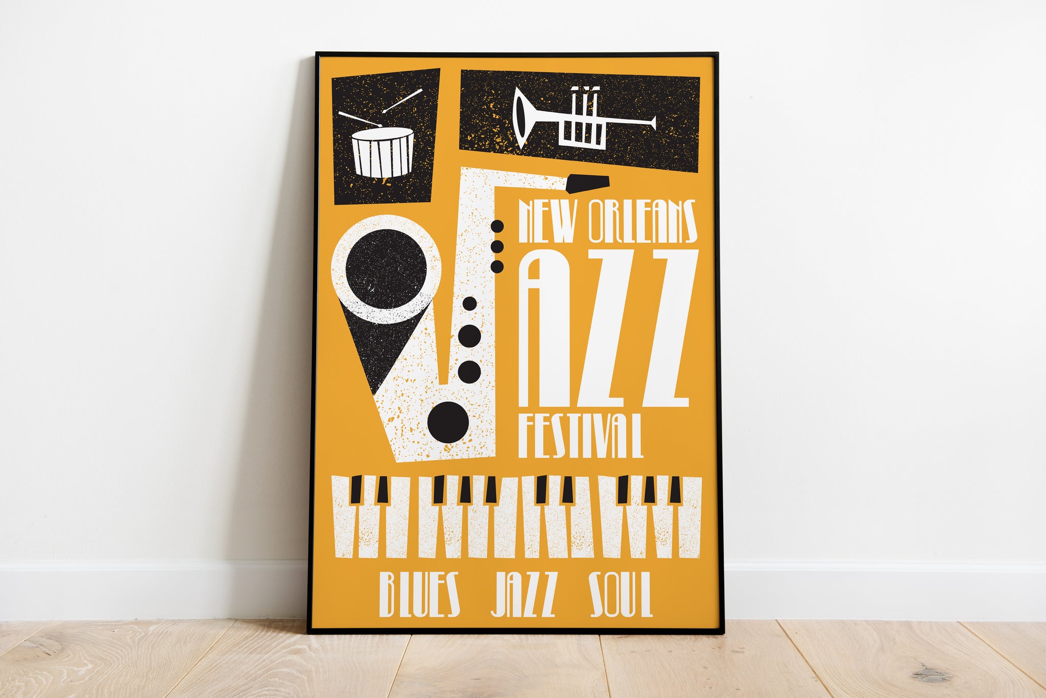 New Orleans jazz poster with bold saxophone graphic and retro festival typography