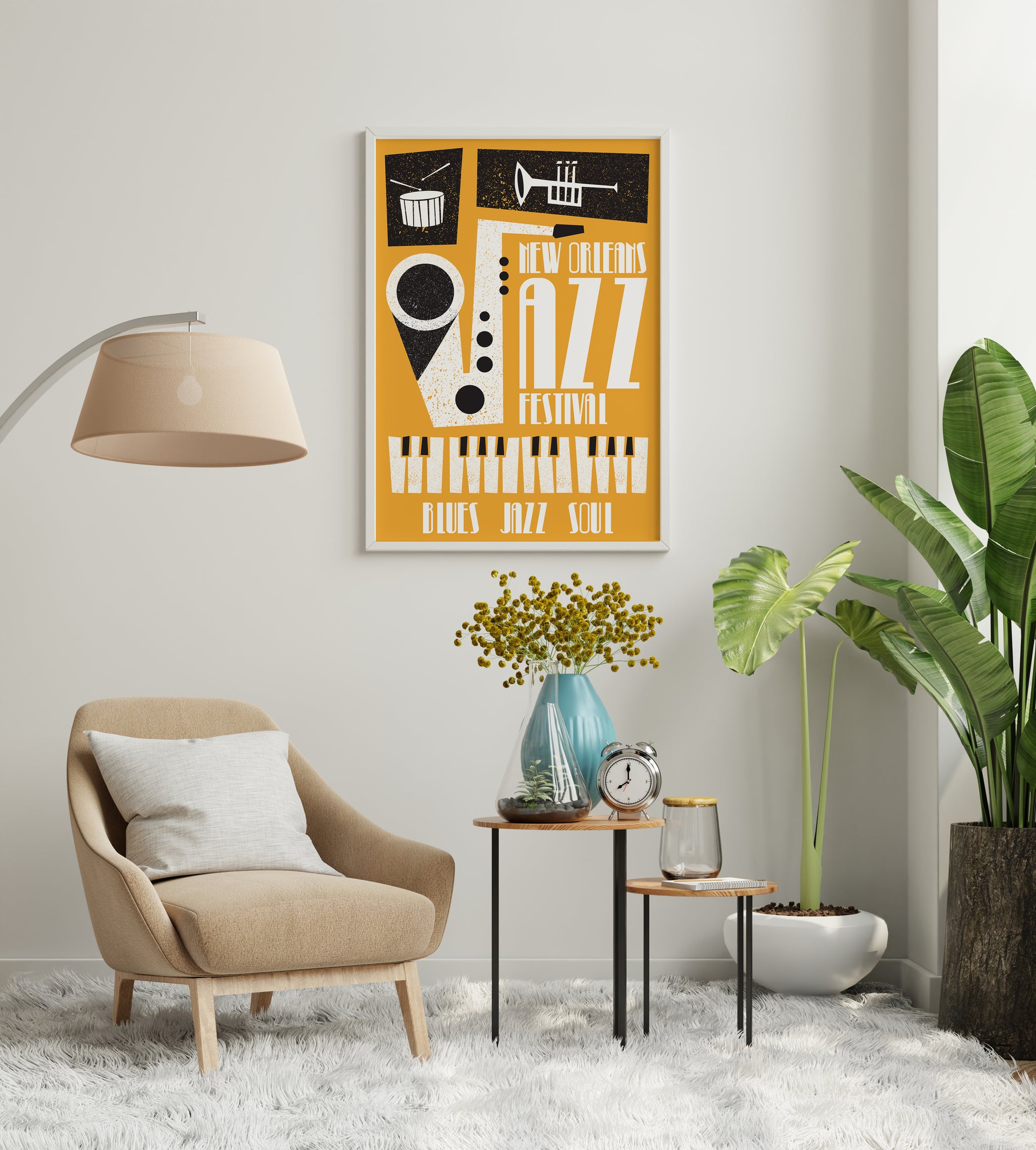 New Orleans music poster with stylized brass, percussion, and festival-inspired layout