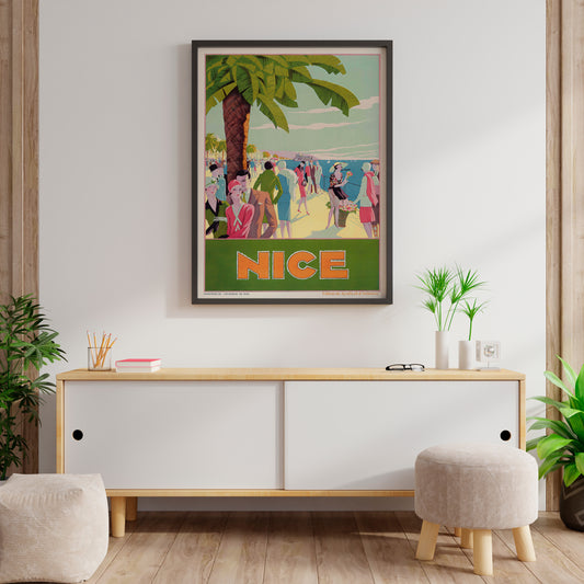 Vintage-style Nice poster with palm trees and seaside figures, displayed in a living room