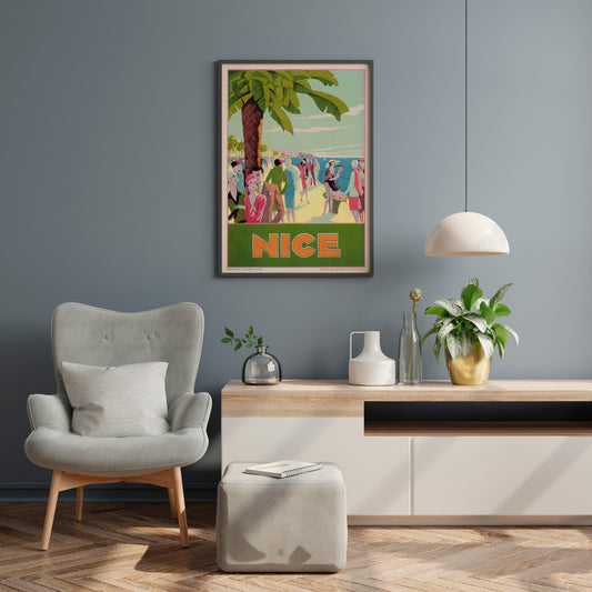 Nice travel artwork with colorful dresses, suits and a palm-lined promenade for living room decor