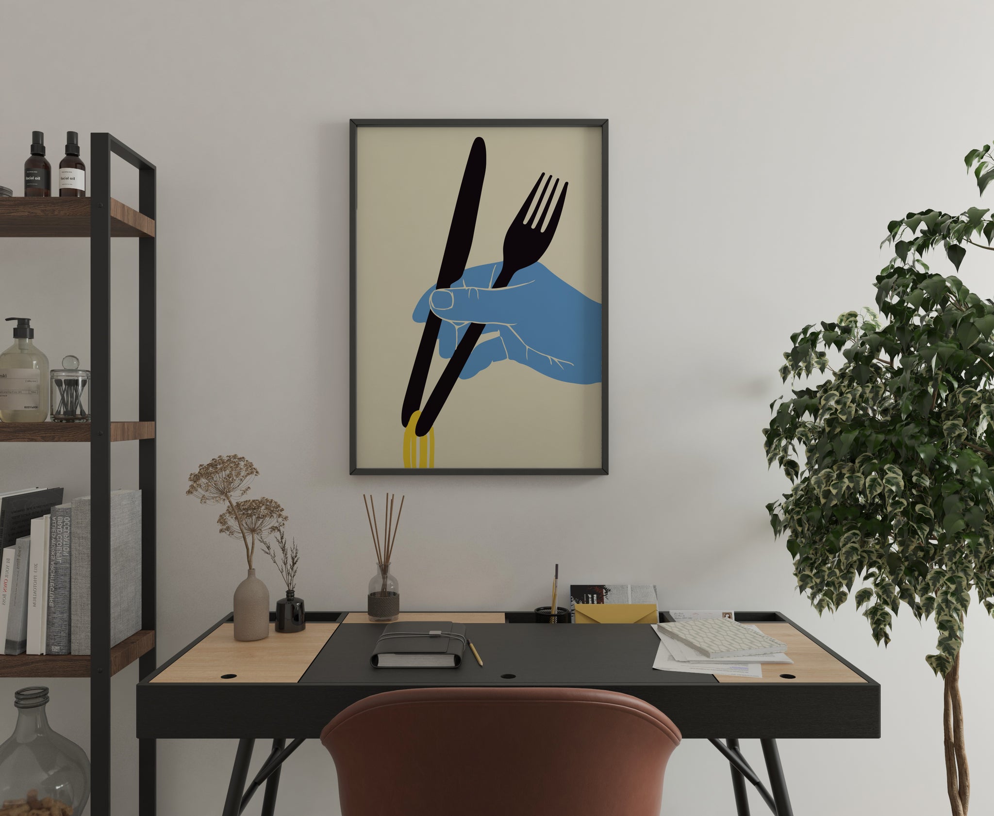 Noodles poster with a blue hand and black cutlery displayed above a home office desk.
