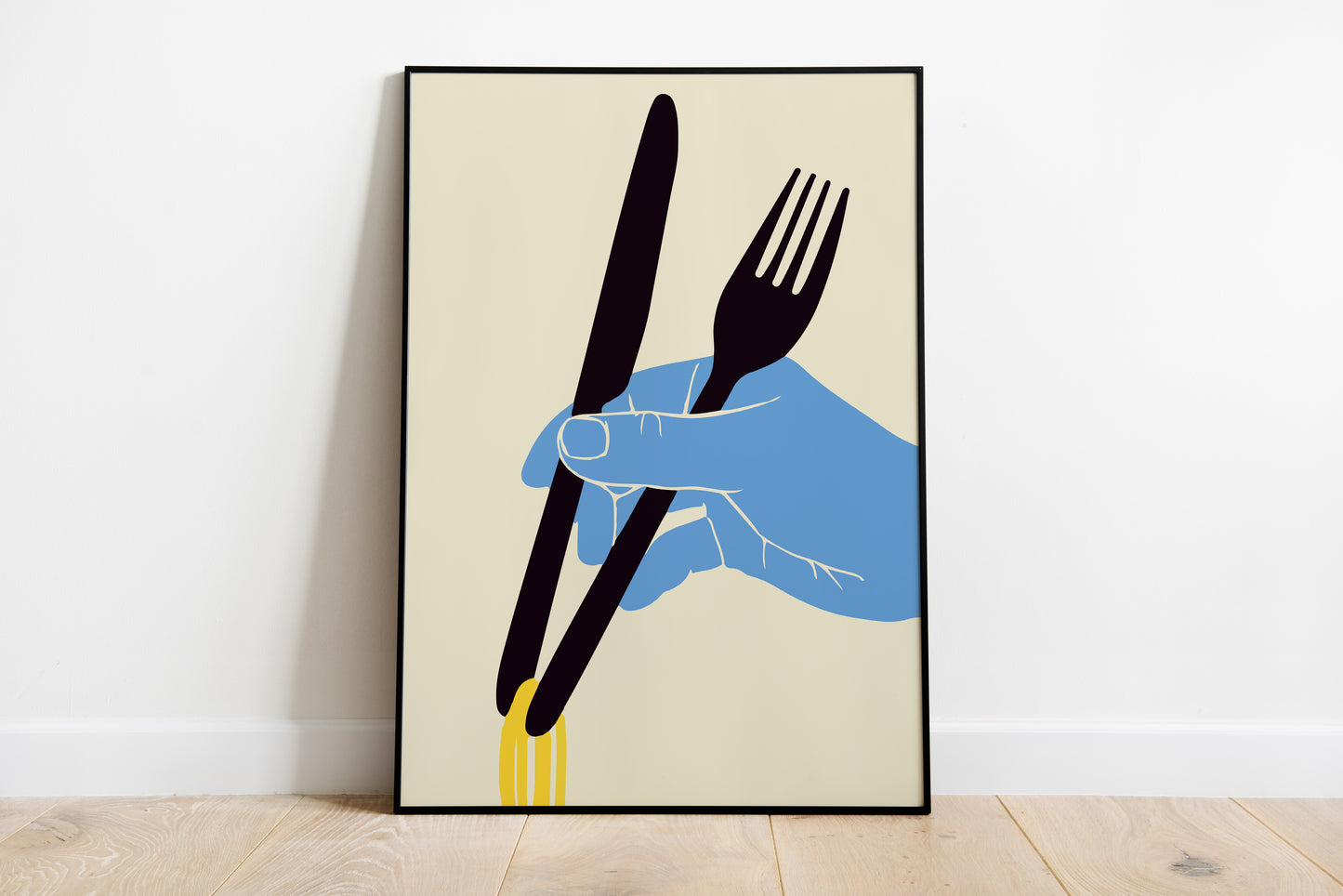 Noodles poster showing a blue hand holding black fork and knife above yellow noodle strands.