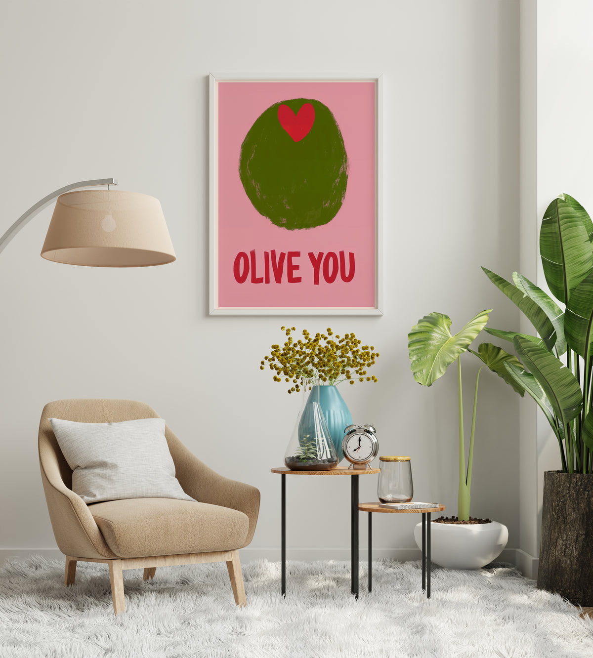 Olive poster with green fruit shape and red heart shown in a bright interior