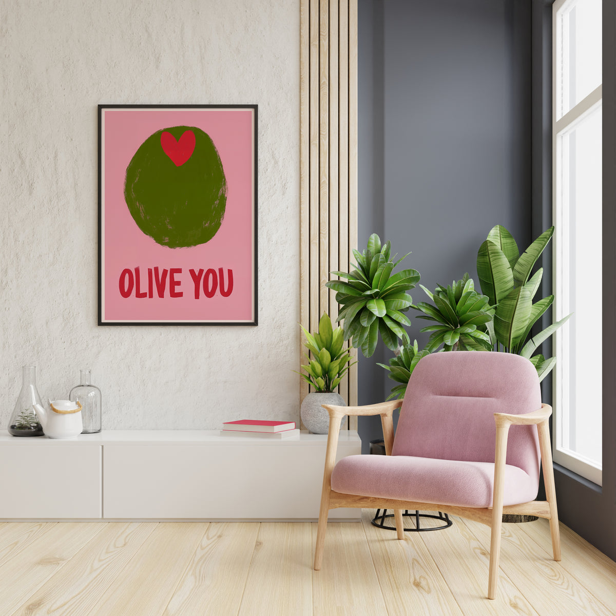 Minimalist olive wall art with pink background and red typography displayed in a styled room
