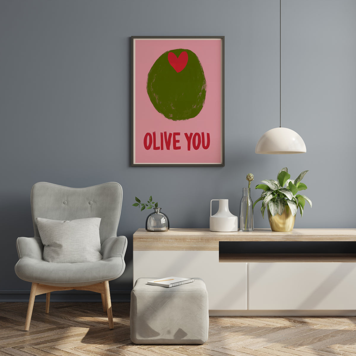 Pink olive poster with large green shape, red heart and playful quote text