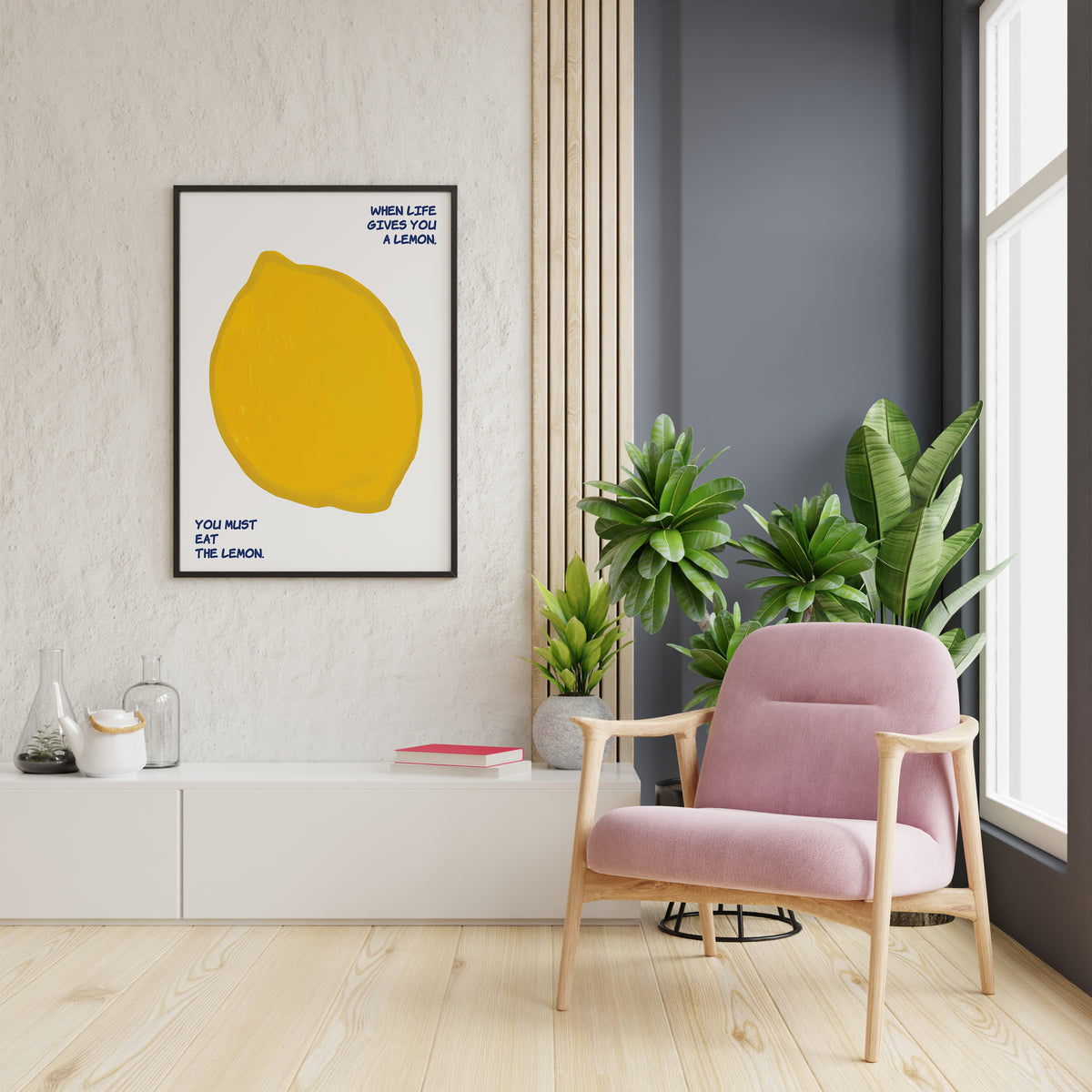 Oversized lemon poster with dark blue quote text shown in a bright interior
