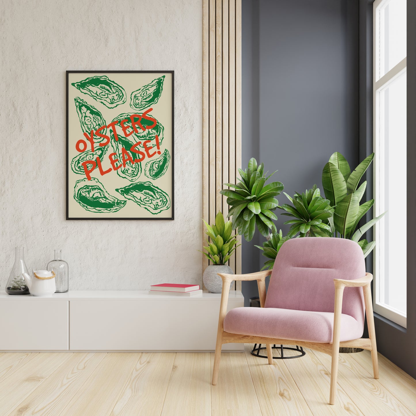 Vertical seafood art print displaying a symmetrical arrangement of green oysters around a bold red "Oysters Please!" graphic title.