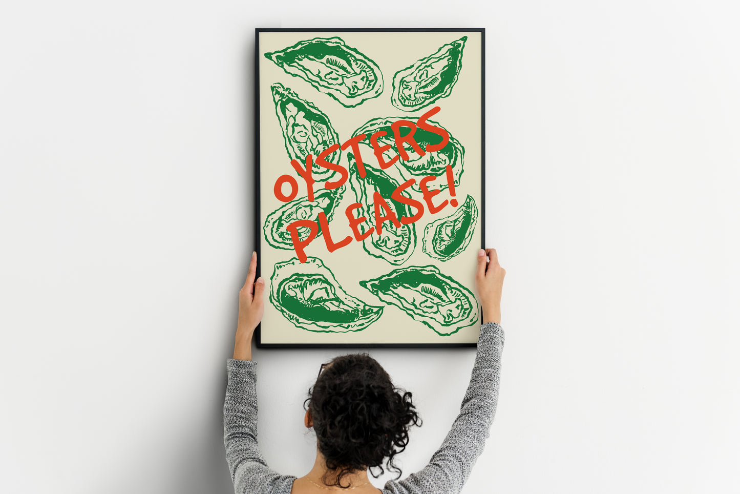 Retro oyster seafood illustration in linocut style featuring sage green shells and bold red "Oysters Please!" typography on a cream background.