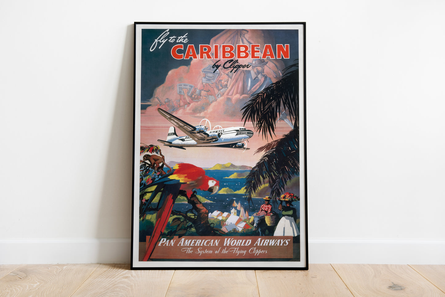 Pan Am Caribbean Clipper poster with aircraft, parrot and island artwork for living room wall art