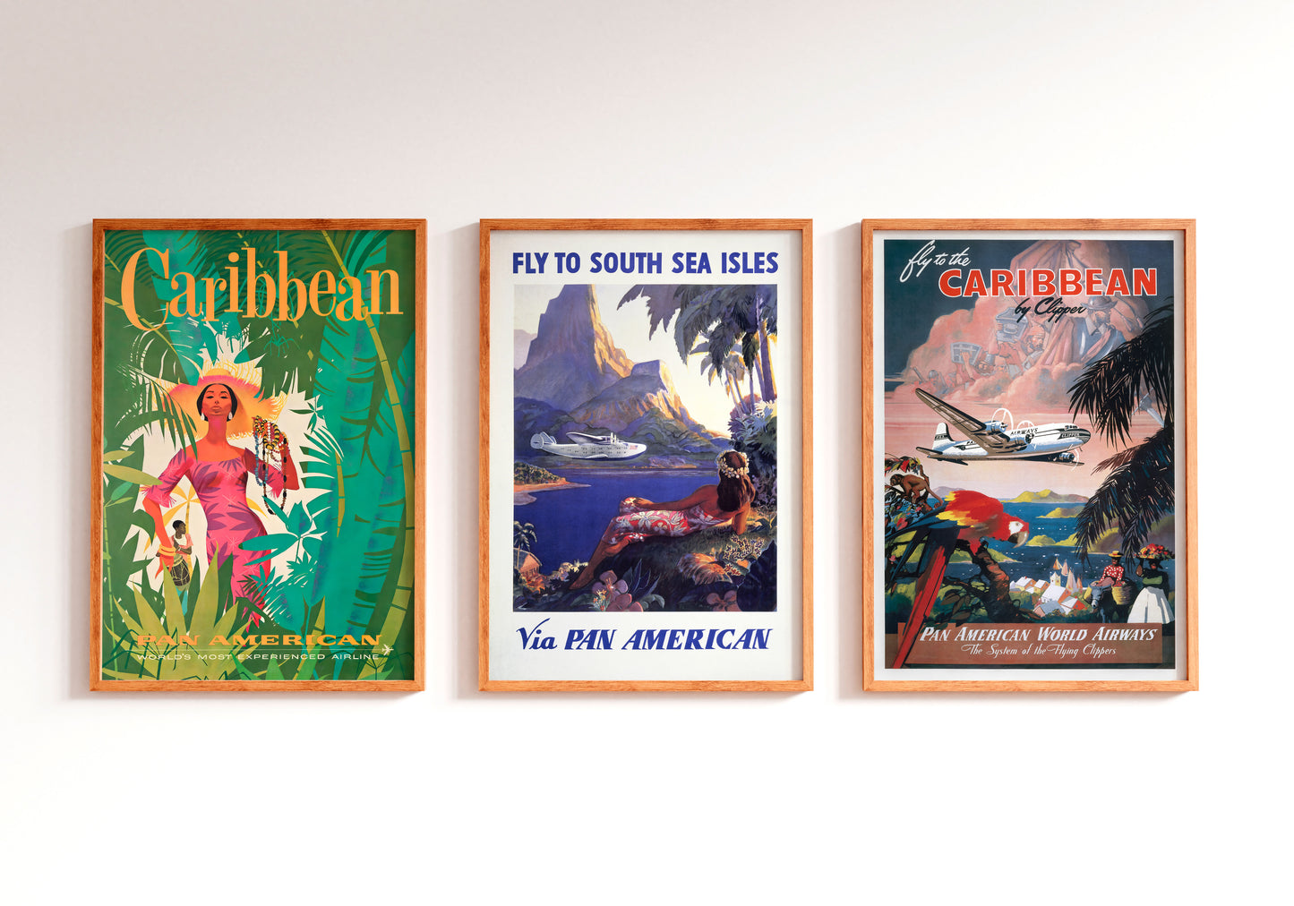 Pan Am Caribbean poster set with tropical travel and airline artwork for a living room gallery wall
