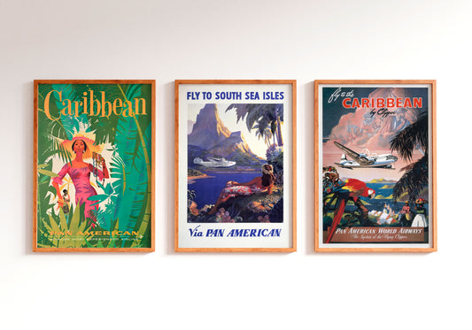 Pan Am Caribbean poster set with tropical travel and airline artwork for a living room gallery wall
