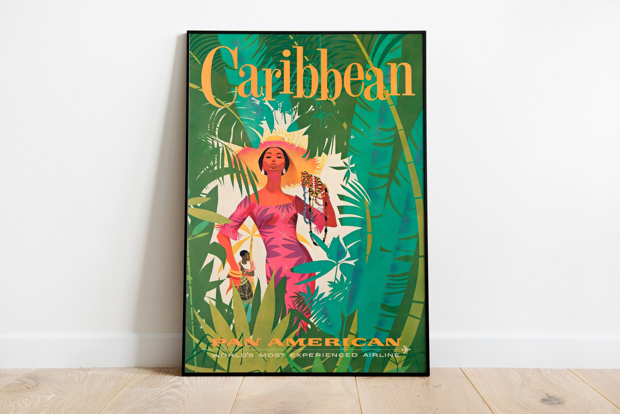 Pan Am Caribbean poster with a woman among tropical leaves for living room wall art