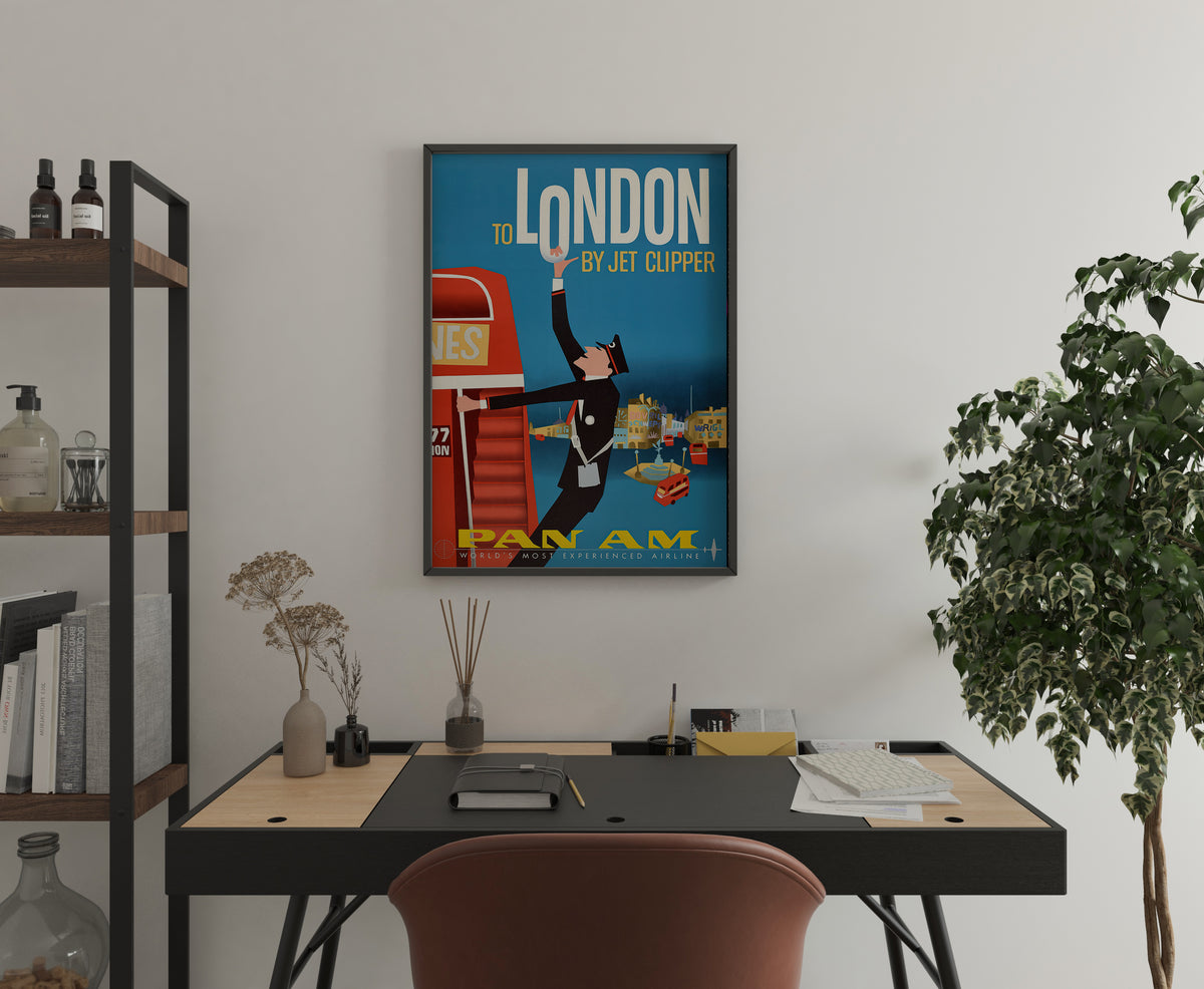London Jet Clipper print with Pan Am branding and retro city details in a living room