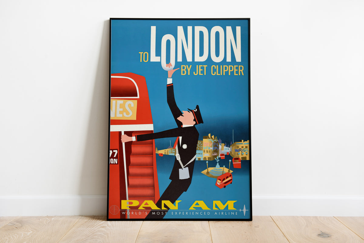 Large Pan Am London poster with Jet Clipper text and red stairs shown being placed on a wall