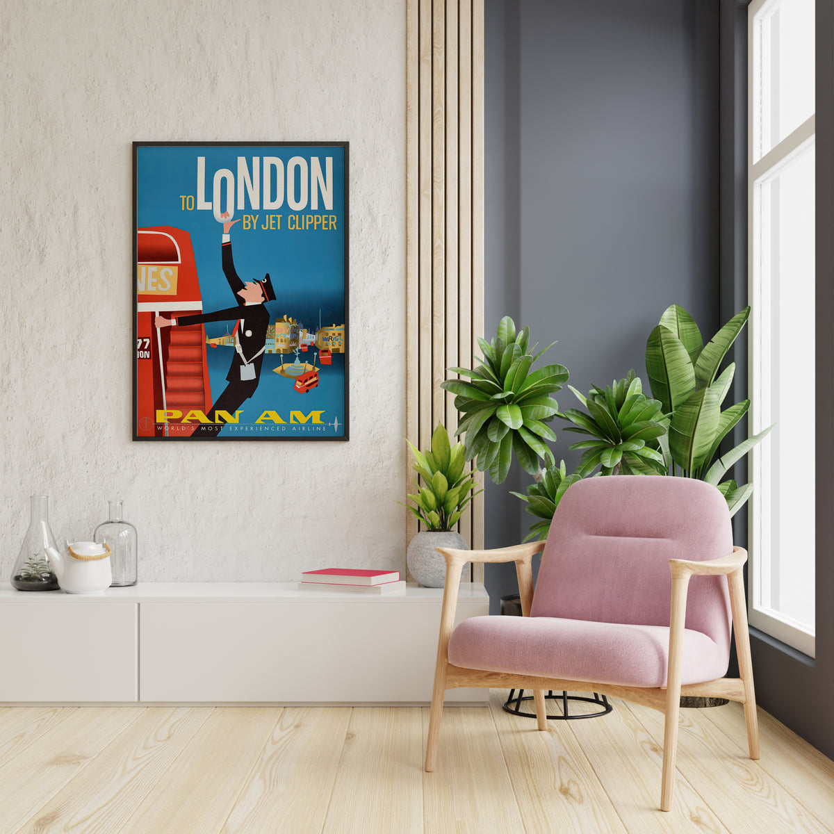 Close view of Pan Am London poster with large London text, uniformed figure and red stairs