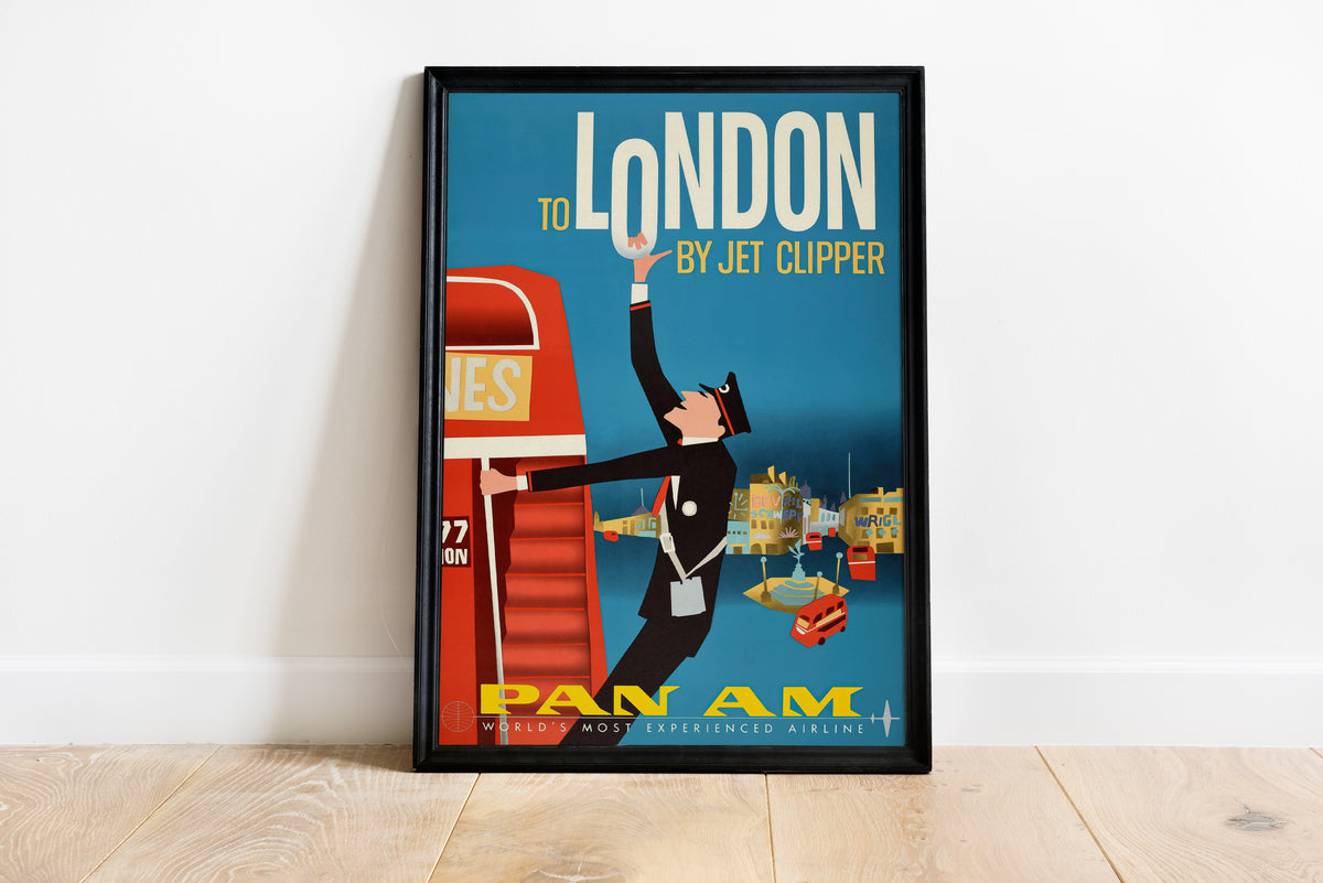Pan Am London poster with retro city scene and bold typography displayed in a living room