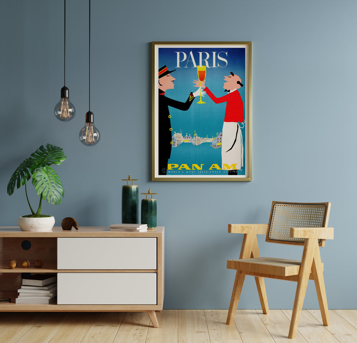 Paris Pan Am poster with graphic toasting scene and bold airline branding for living room decor.