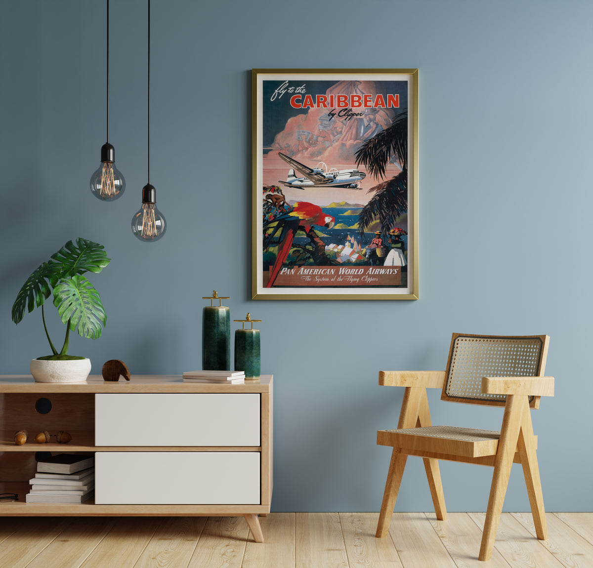 Pan American World Airways poster with Caribbean aircraft artwork displayed in a home office