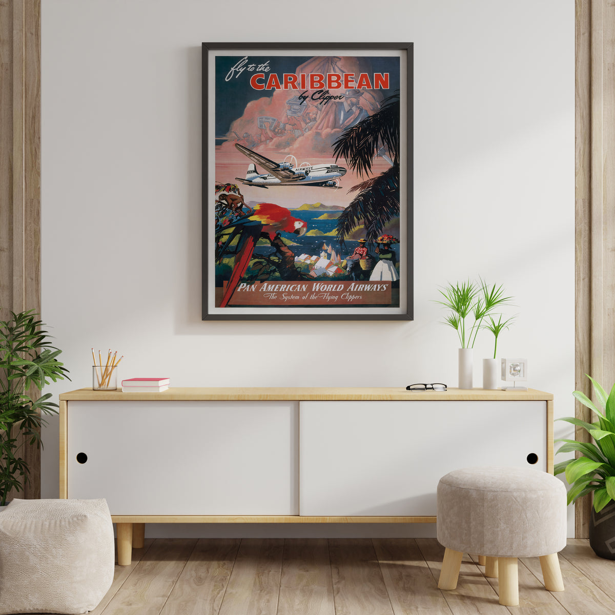 Pan American Caribbean travel poster with plane, macaw and island scene shown in a close product view