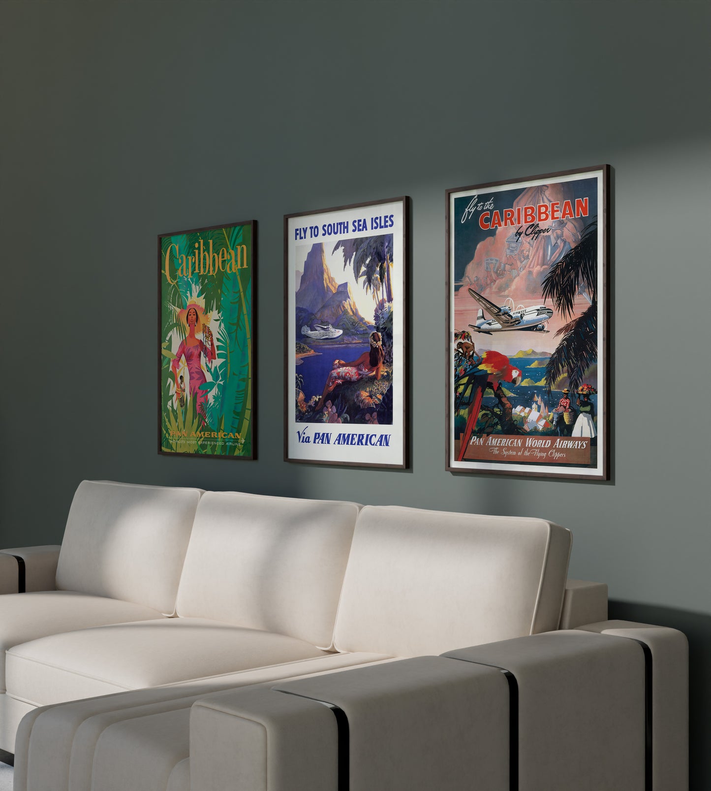 Pan American Caribbean poster set with vintage airline artwork for living room wall art
