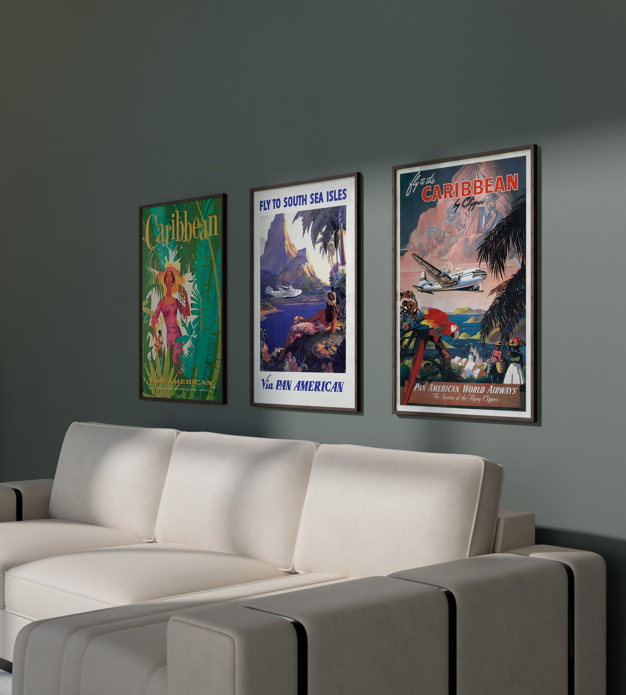 Pan American Caribbean poster set with vintage airline artwork for living room wall art