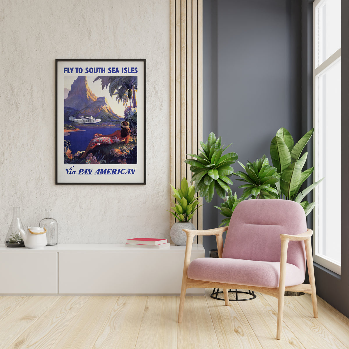 Pan American poster with palm trees, blue lagoon and flying boat for a reading nook.